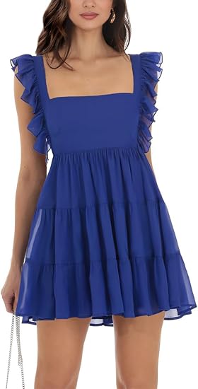 Women’s Summer Square Neck Tie Back Ruffle Sleeve Tiered Casual A-Line Short Mini Dress