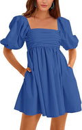 Women Square Neck Puff Sleeve High Waist Smocked Babydoll Mini Dress | Short Sleeve,A-Line,Casual,Backless,Low Back,Smocked,Short Dresses,with Pockets
