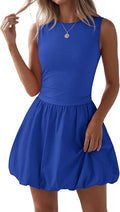 Summer Dresses for Women 2026 Cute Mini Sleeveless Bubble Dress | Stretchy Ruched Front Cinched Waist, Woven Balloon Skirt, Crewneck Tank Sundress With Pockets, Casual Party Vacation Outfits
